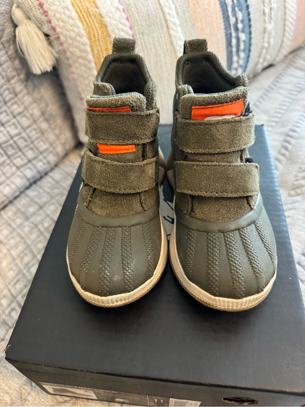 Sorel Kids Out and About Olive Green Boots with Bright Orange Tabs
